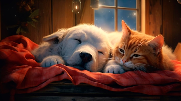 Gato y cachorro duermen en la cama Animal de IA generativa