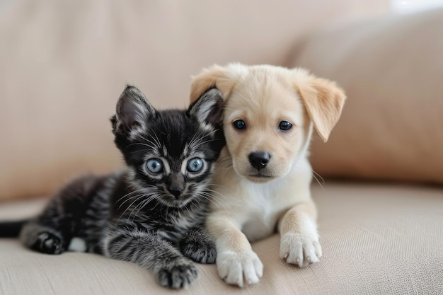 Gato y cachorro sentados juntos en el sofá en la habitación ligera en el sofá de textil beige