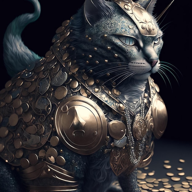 Un gato con una cadena de oro y un collar.