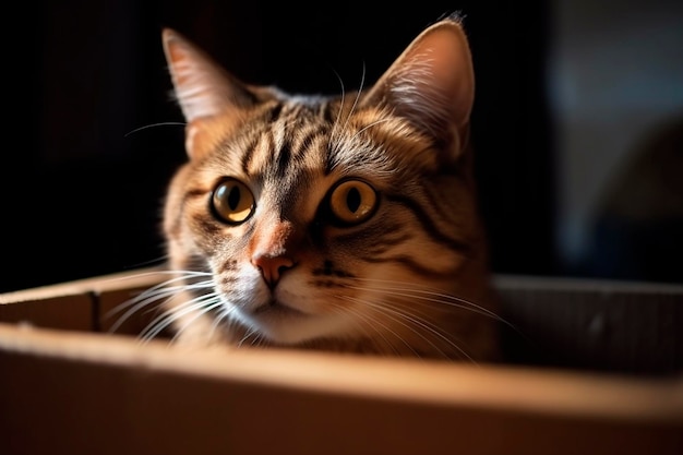 Un gato en una caja está mirando a la cámara.