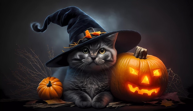 Un gato con una calabaza de Halloween y un sombrero.