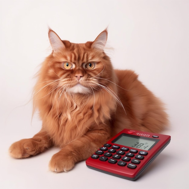 Un gato con una calculadora roja al lado.