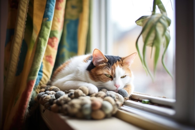 El gato Calico acurrucado en una ventana iluminada