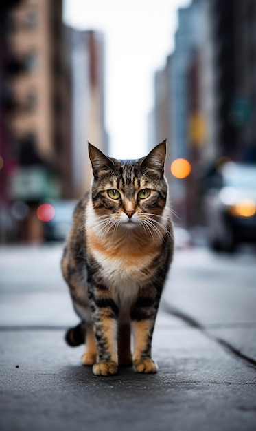 un gato en la calle con un fondo borroso