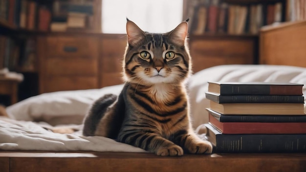 Gato en la cama cerca de los libros