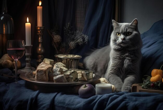 gato en la cama junto al vino y la comida al estilo de un ambiente festivo