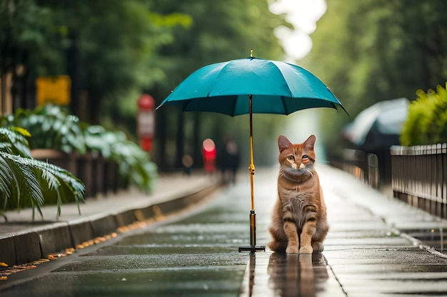 un gato camina bajo la lluvia bajo un paraguas.