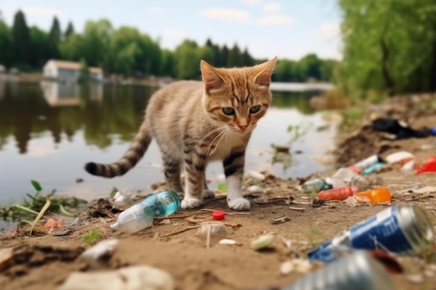 El gato camina sobre desechos plásticos en un concepto de contaminación y ecología a orillas del río