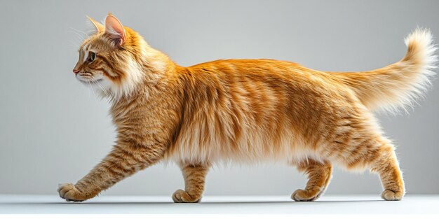 un gato camina sobre una mesa con un fondo blanco