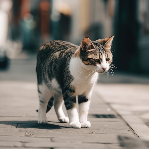 Un gato caminando por una acera en la ciudad.