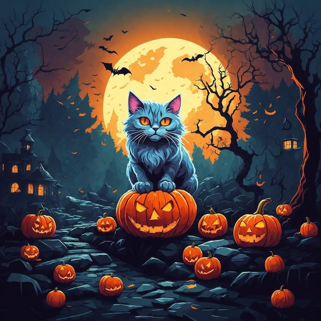 Gato caminando en la aterradora noche de luna de halloween 7