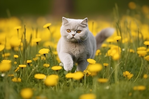 un gato caminando por un campo de flores amarillas