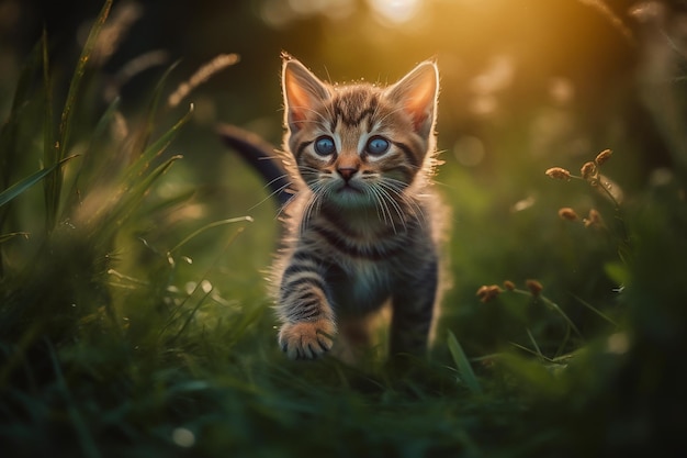 Un gato caminando por un campo con el sol brillando en su rostro.