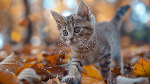 Gato caminando entre una pila de hojas