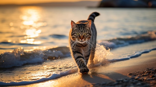 Un gato caminando por la playa al atardecer.