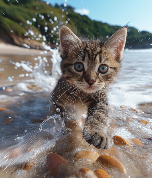 Un gato caminando por la playa con un hermoso atardecer un día pacífico