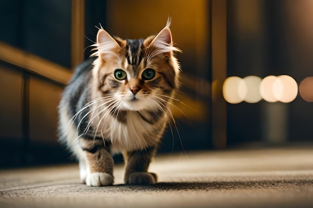 Un gato caminando sobre una alfombra con un fondo borroso