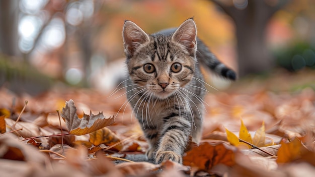 Gato caminando a través de una pila de hojas