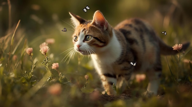 Un gato en un campo de flores con la letra h en él