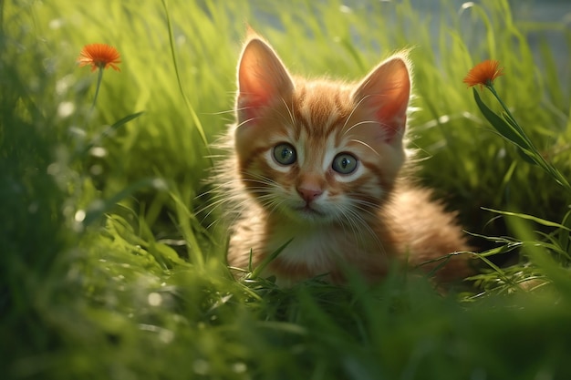 Un gato en un campo de flores.