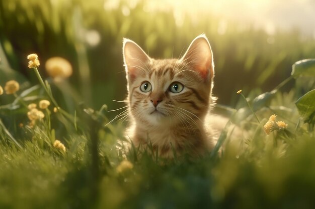 Un gato en un campo de flores.