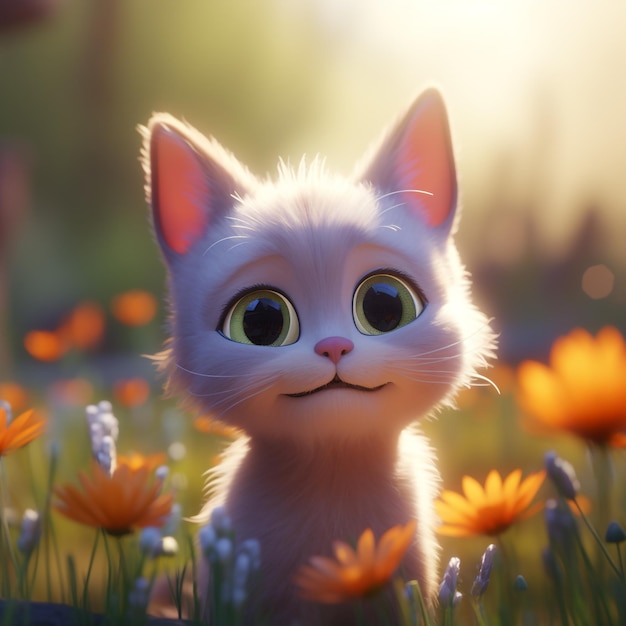 Un gato en un campo de flores.