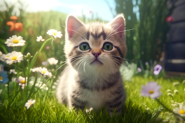 Un gato en un campo de flores.