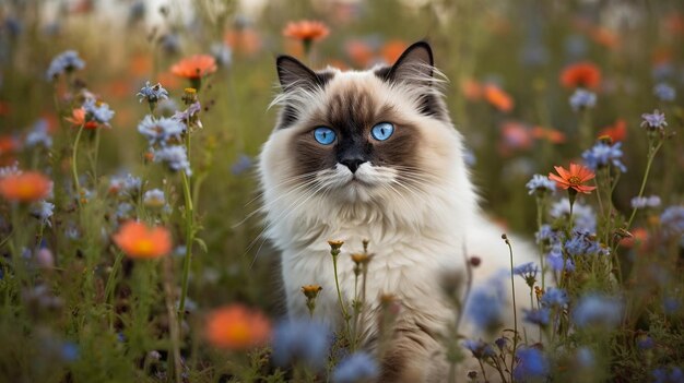 Un gato en un campo de flores.