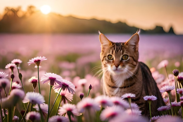 Un gato en un campo de flores.