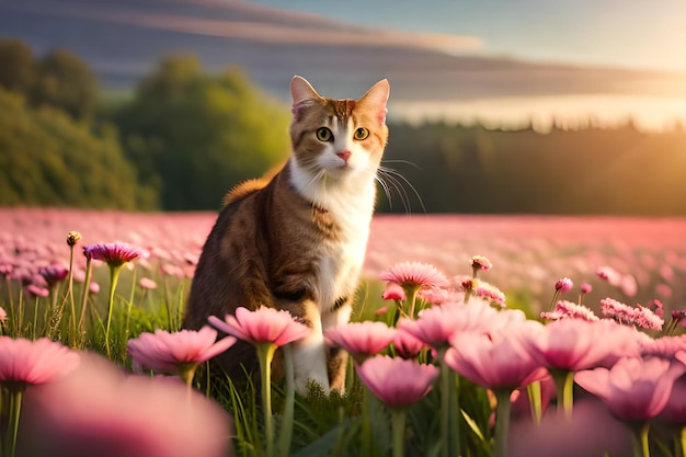 Un gato en un campo de flores.