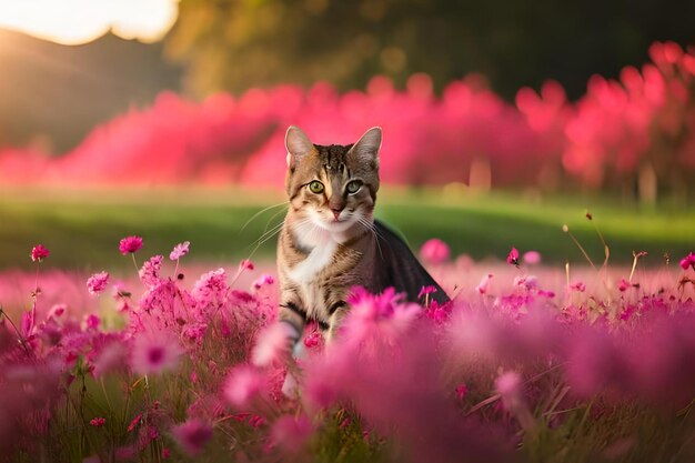 Un gato en un campo de flores.