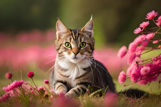 Un gato en un campo de flores.