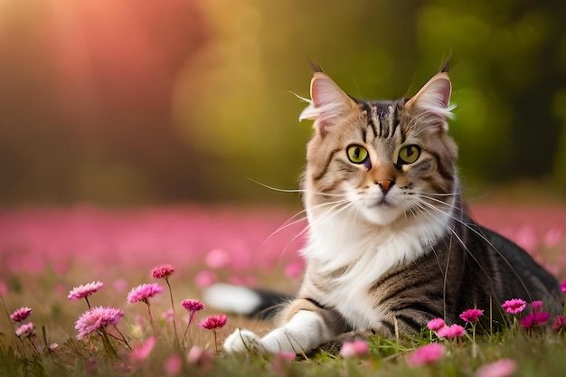 Un gato en un campo de flores.