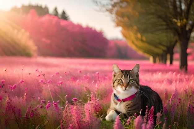 Un gato en un campo de flores.