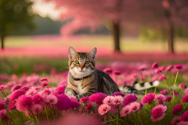 Un gato en un campo de flores.