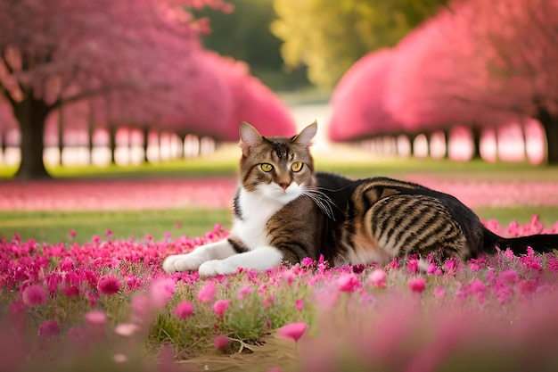 Un gato en un campo de flores.