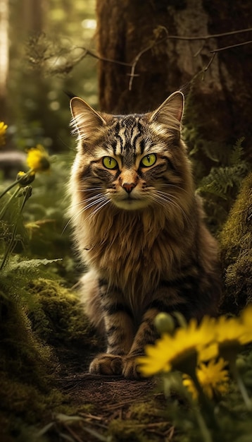 Un gato en un campo de flores.