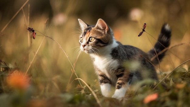 Un gato en un campo de hierba.