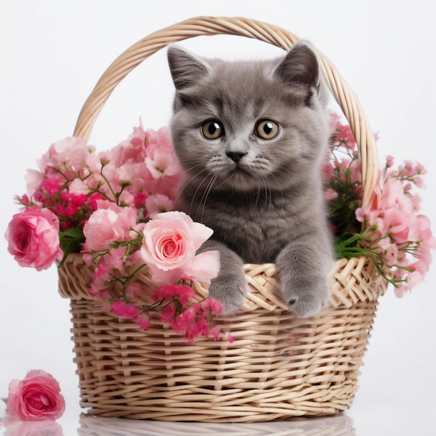 Un gato en una canasta de flores está sentado en una canasta.