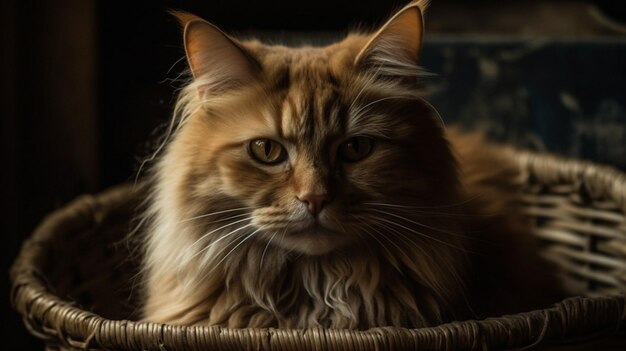 Un gato en una canasta con un fondo oscuro.