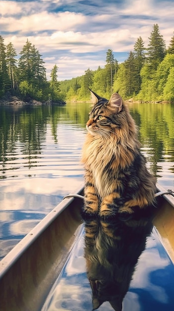 Un gato en una canoa está sentado en una canoa.