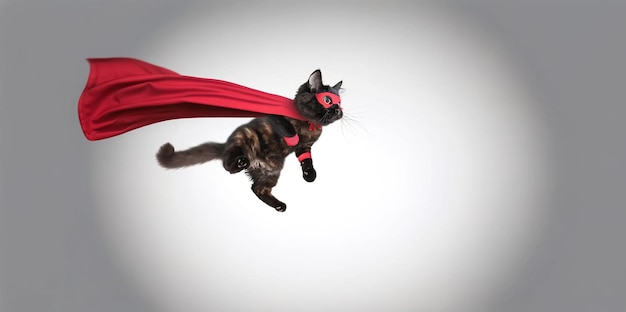 un gato con una capa roja está volando en el aire