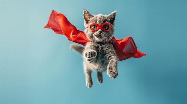 Foto un gato con una capa roja vuela por el aire