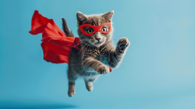 Foto un gato con una capa roja vuela por el aire