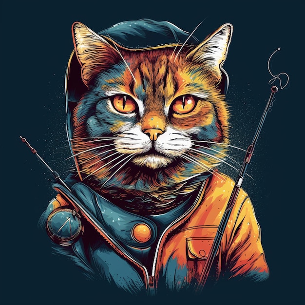 Un gato con capucha y ojos naranjas lleva una chaqueta que dice 'gato'
