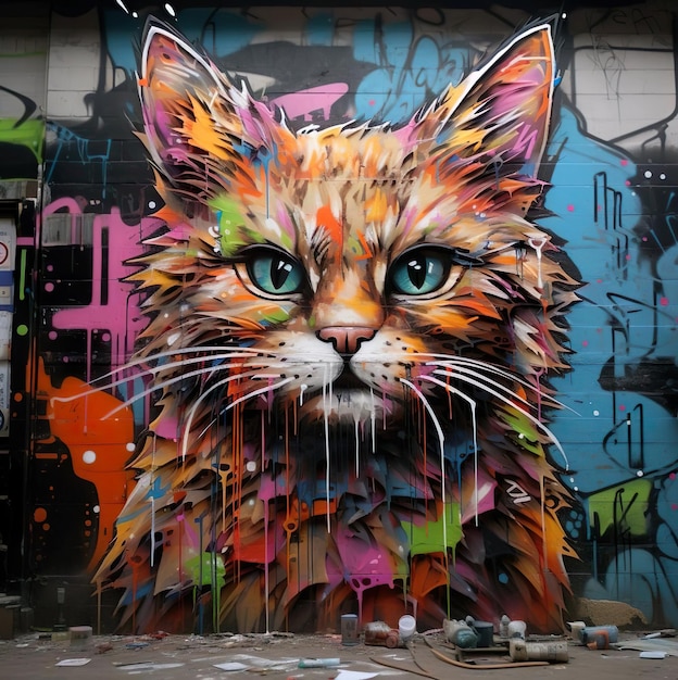 Un gato con una cara colorida está pintado en una pared.