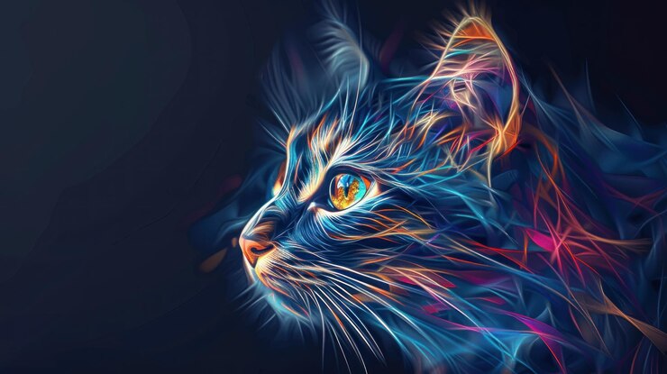 Un gato con una cara colorida se muestra en un fondo de colores brillantes