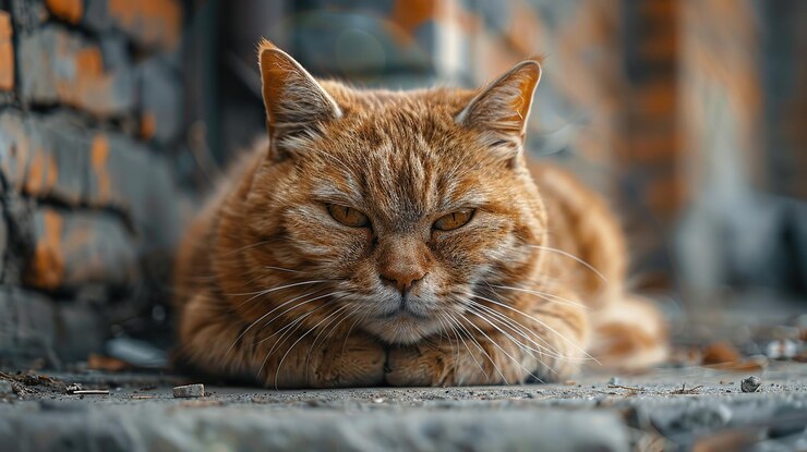 Gato con una cara insatisfecha mirando a la cámara Gato gordo tabby sentado