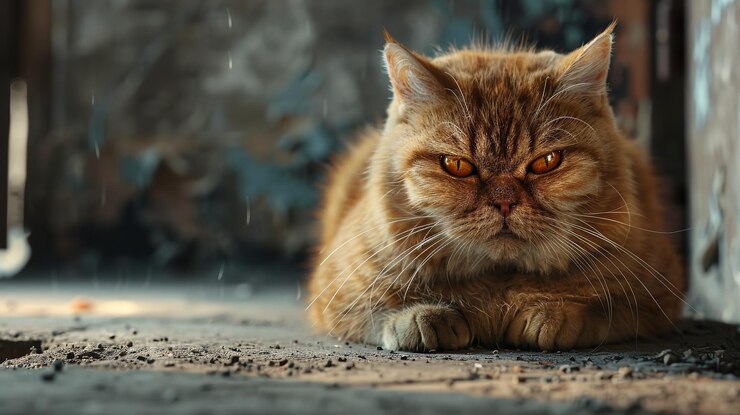 Gato con una cara insatisfecha mirando a la cámara Gato gordo tabby sentado