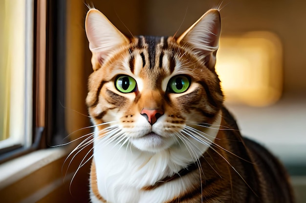 Un gato con cara negra y marrón y ojos verdes.